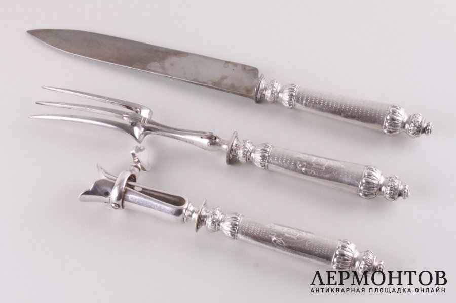 Комплект для сервировки мяса. E. Ernie. Серебро 950 пробы, сталь. Франция, XIX в.