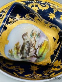 Кофейный сервиз с райскими птицами на кобальте. Фарфор, роспись, золочение, Германия, 19 век