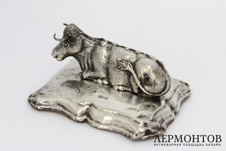 Статуэтка Лежащая корова. Серебро 84 пробы. Россия, Калуга, 1873 год.