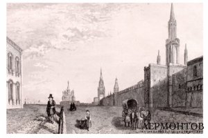 Гравюра. Красная площадь. Владимирские ворота. 1838 год. Леметр. Франция