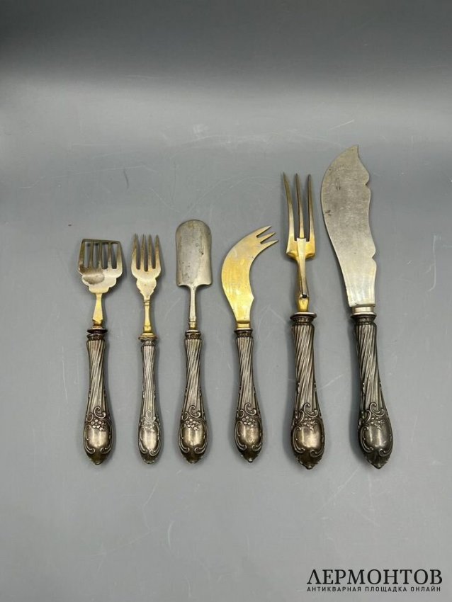 Сервировочный набор из 6 предметов. Серебро 84 пробы, сталь, Россия, 1908–1917 годы
