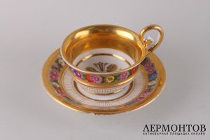 Чайная пара с цветочным фризом. Россия, ИФЗ, третья четверть 19 в.