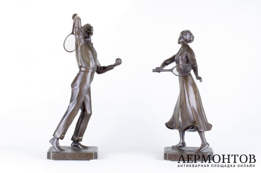 Парные скульптуры Теннисисты в стиле Ар Деко. Зап. Европа, 1930-е гг.  Шпиатр.