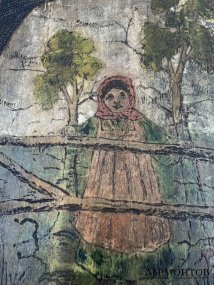 Шкатулка для рукоделия «Девочка на опушке леса». Дерево, резьба, роспись, предположительно Абрамцево или Талашкино, Россия, начало 20 века