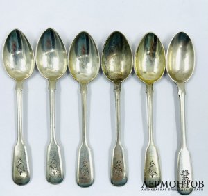 Набор кофейных ложек на 6 персон. Серебро 84 пробы, И. Хлебников, Россия, 1908–1917 годы