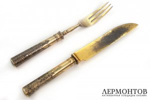 Вилка и нож, декорированные черневым орнаментом. Российская Империя, Москва, 1870-е г