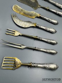 Набор сервировочных приборов. Серебро 84 пробы, сталь, мастер АГ, Россия, 1908–1917 годы