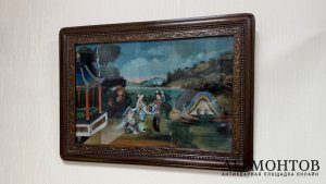 Картина с жанровой сценой. Китай, к. 19 - н. 20 в. Живопись на стекле.