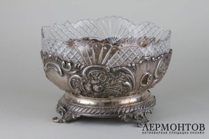Ваза ажурная круглая со стеклянной вставкой. Серебро 900 пробы. Австрия, XIX в.