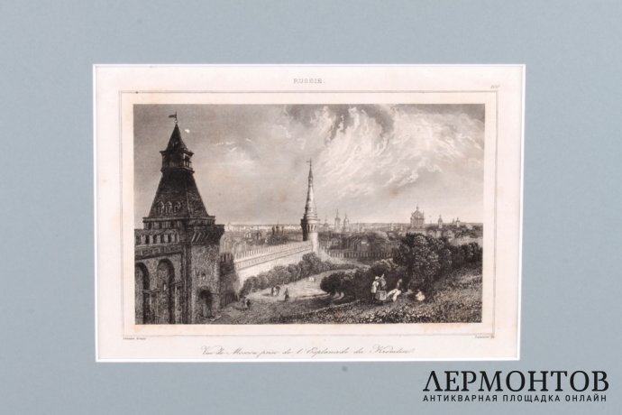 Гравюра. Москва. Вид на эспланаду Кремля. 1838 год. Лалес. Франция