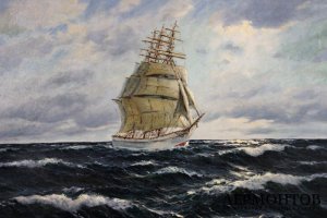Картина. Парусник. Герхард Лукас-Ларсен. Холст, масло. Германия
