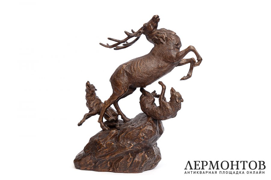 Скульптура Атака волков на оленя. Бронза. СССР, з-д Монументскульптура. 1958 г.