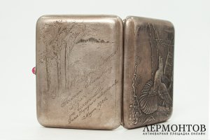 Портсигар Глухарь на току. СССР, Московская ювелирная фабрика, 1953 год. Серебро 875 
