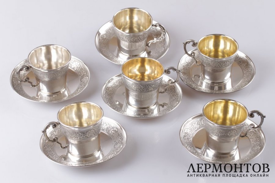 Кофейный сервиз на 6 персон в стиле ар нуво. Серебро 950 пробы. Франция