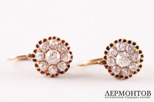 Серьги малинки. Золото 56 пробы, бриллианты 2.30 ct. Российская империя, XIX в.