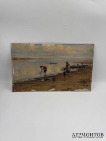 Картина «На речке». Картон, масло, В. И. Козловский, Россия, начало 20 века
