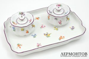 Письменный прибор с изображениями цветов. Фарфор, роспись. Германия, Мейсен, 1930-40е