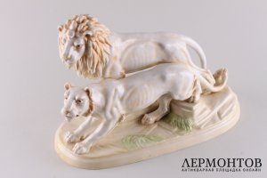 Статуэтка Лев и львица. Фарфор, роспись. Германия, Scheibe-Alsbach, 1925-50е гг. 
