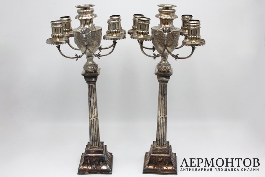 Большие парные канделябры с головами козлов. Серебро. США, 1920-30е гг.