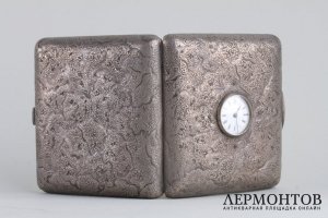 Портсигар Самородок с часами. Серебро 84 пробы. Российская империя, 1870-е гг.