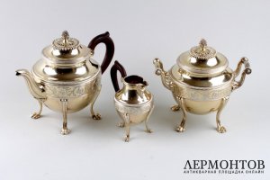 Чайный сервиз в стиле ампир. Aucoc. Серебро 950, золочение. Франция, XIX в.
