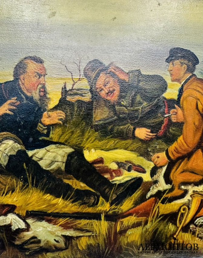 Лаковая шкатулка «Охотники на привале» по В. Перову. Папье-маше, роспись, Мстёра, художник Гурьянов, СССР, 1956 год