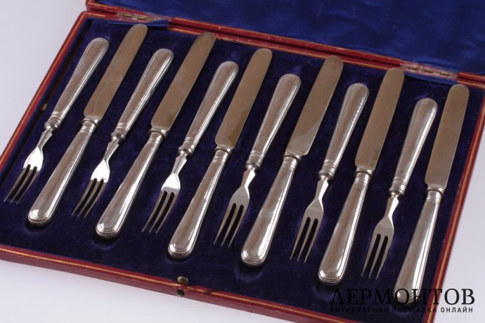 Десертный набор на 6 персон. Вилки и ножи. 1933 год. Серебро 925 пробы. Англия