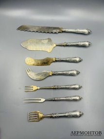 Набор сервировочных приборов. Серебро 84 пробы, сталь, мастер АГ, Россия, 1908–1917 годы