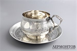 Чайная пара. P. Tonnelier. Серебро 950 пробы. Гильоше, гравировка. Франция, XIX в.