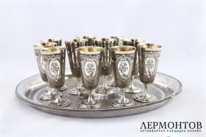 Набор рюмок на подносе. Серебро 950 пробы. Франция, кон. XIX в.