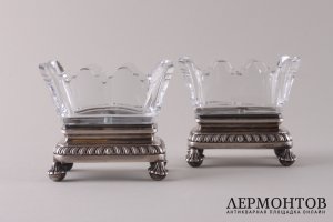 Солонки вазочки парные Courtois. Серебро 950 пробы, хрусталь. Франция, XIX век.