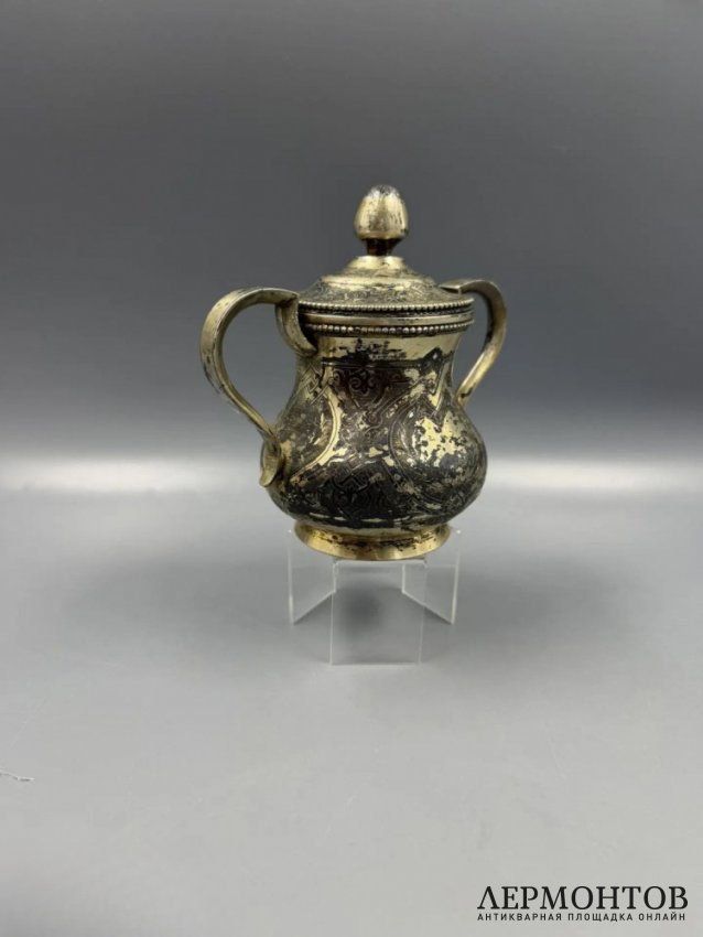 Сахарница в неорусском стиле. Серебро 84 пробы, чернь, Россия, 1878 год