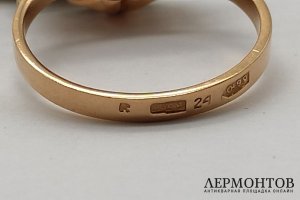 Золотое кольцо малинка с бриллиантами и розовым корундом. 583 пр. СССР, 1960-80е гг.