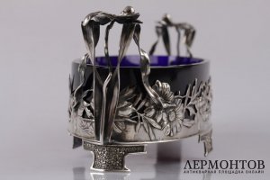 Ваза для конфет в стиле ар нуво. Серебро 800 пробы, кобальтовое стекло. Германия