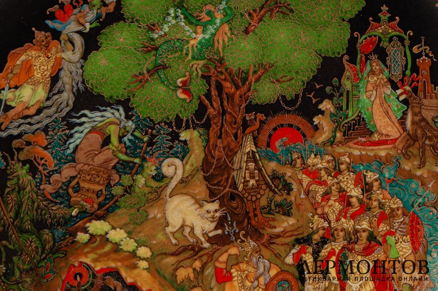Тарелка Поэма Лукоморье. СССР, Палех, художник Роман Белоусов, 1989 г. Фарфор, деколь