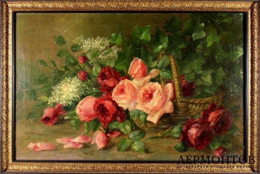 Картина. Натюрморт Цветочная корзина. VAN MULDERS. Бельгия, 19 век