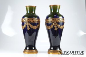 Парные декоративные вазы. Фарфор, ручная роспись, бронза. Франция, XIX век.
