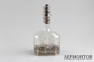 Графин с травлением по стеклу и пасторальными сценами. Стекло, серебро 925 пр. Англия