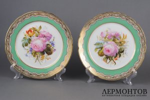 Парные декоративные настенные тарелки с розами. Франция, частная фарфоровая ман-ра.