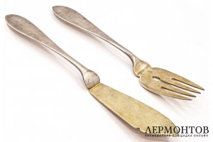Сервировочный набор вилка и нож. СССР, 2 пол. 20 в. Серебро 875 пробы.