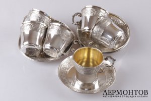 Кофейный сервиз на 6 персон в стиле ар нуво. Серебро 950 пробы. Франция