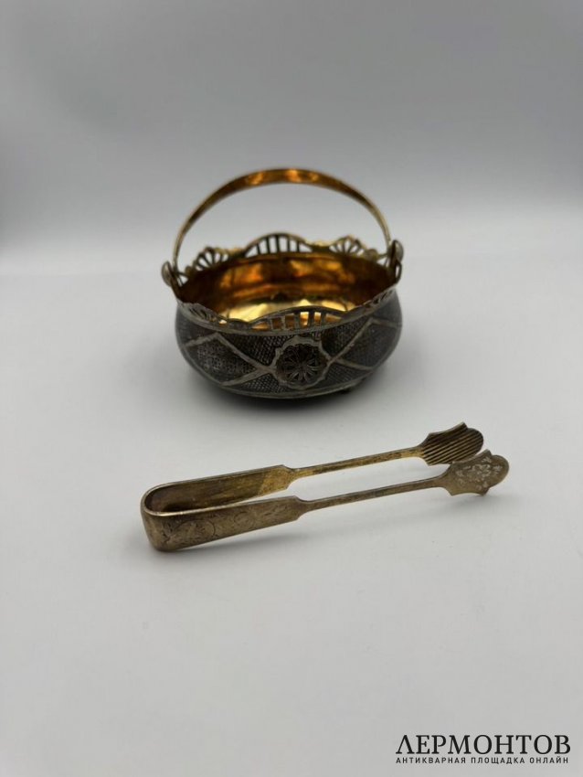 Сахарница и щипцы для сахара. Серебро 875 пробы, золочение, СССР, 2-я половина 20 века