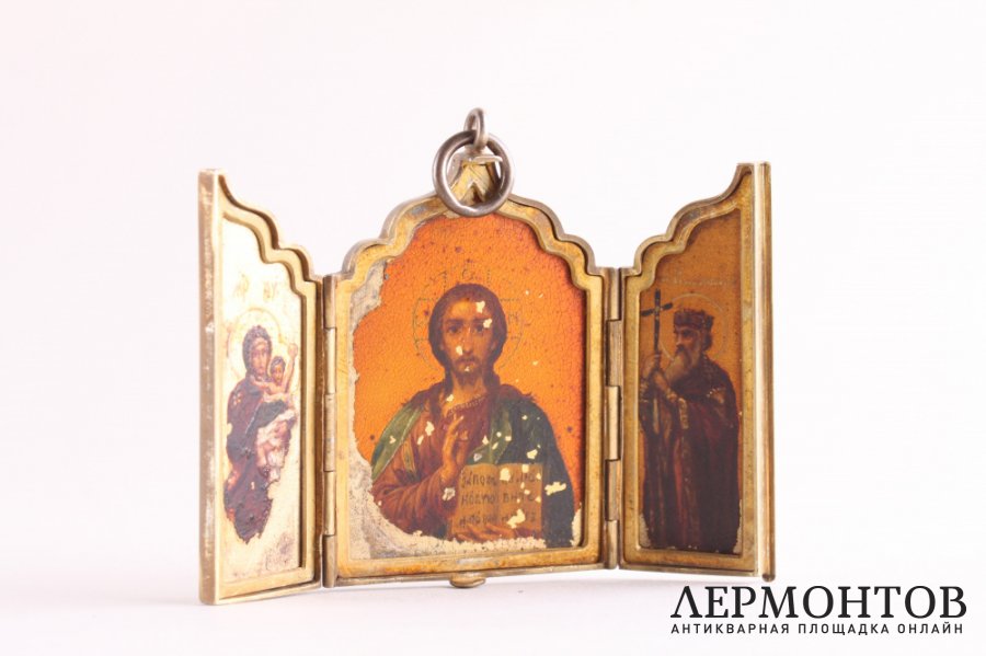 Складень. Господь Вседержитель. Богородица. Св. Владимир. Серебро 84. Россия, до 1917