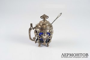 Емкость для горчицы. Серебро 950 пробы, кобальтовое стекло. Франция, XIX век.