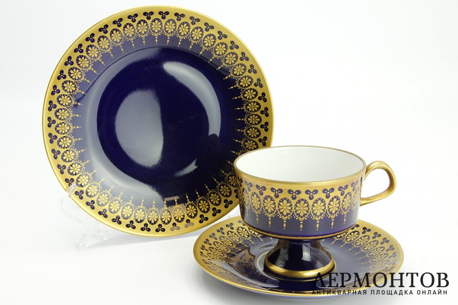 Чайная тройка Витраж. Фарфор, кобальт, золочение. Германия, Lichte, 1970-80е гг.