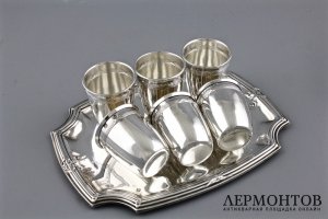 Набор стопок на подносе. Серебро 950 пробы. Франция, конец XIX - начало XX вв.