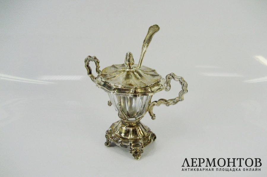 Емкость для горчицы. Серебро 950 пробы, стекло. Франция, XIX век.