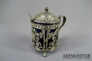 Мутардница. Серебро 950 пробы, кобальтовое стекло. Франция, XIX век.