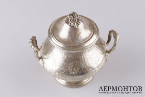 Сахарница в технике гильоше, классика. Серебро 950 пробы. Франция
