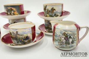 Агитационный чайный сервиз Оборонный. СССР, ДФЗ Вербилки, 1930-е гг. Фарфор.